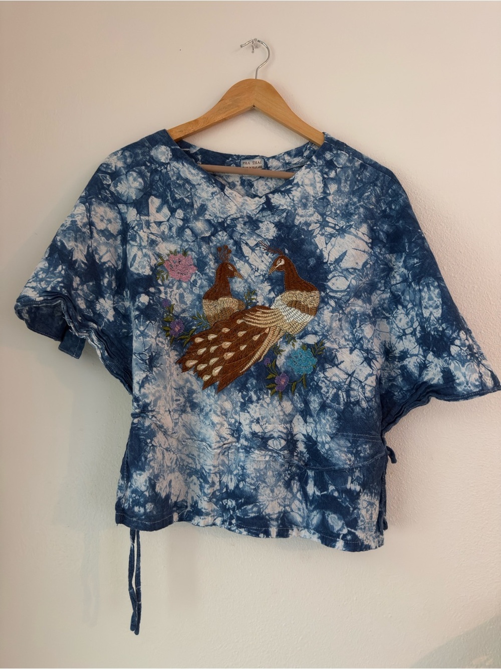 Pha Thai TIE DYE TOP Blue Hippie Embroidered  Peacock Blouse Thailand